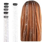 Clip in Hair Tinsel Extensions, 6Pcs Tinsel Hair Extensions 20 Inch Sparkle Hair Tinsel Strands Kit for Girls Women, Dazzle Hair Accessories for Christmas Halloween Cosplay Party (Silver)