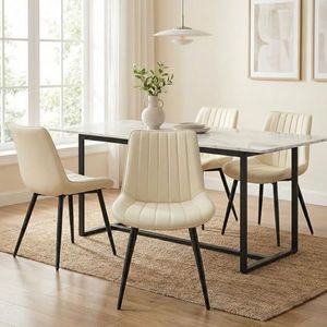 Cloud Chairs Amalfi Modern Dining Chairs Set of 4, Comfy Dining Room Chairs with Thick Cushions, Upholstered PU Leather Kitchen Side Chairs with Metal Legs (Beige)