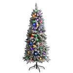 Nearly Natural 5ft. Flocked British Columbia Mountain Fir Artificial Christmas Tree in Decorative Planter, 50 Multicolor Globe Bulbs, Green