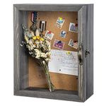 MyGift 11x14 Vintage Gray Solid Wood Shadow Box with Cork Board Backing, Wall Mounted Display Case with Clear Acrylic Front Window Panel, Metal Handle and Latch