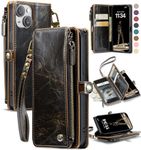 Defencase for iPhone 15 Case, iPhone 15 Cases Wallet for Women and Men, Vintage PU Leather Magnetic Bukckle Flip Closure Strap Zipper Card Holder Wallet Phone Case for iPhone 15 [6.1"], Luxury Coffee