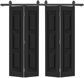 72 in. x 84 in. 3 Panel Shaker Hollow Core Black Composite Double Bi-Fold Door with Barn Door Hardware Kit