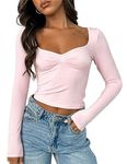 Cioatin Women Going Out Crop Tops Y2K Clothes Cute Sweetheart Neck Long Sleeve T Shirt Top Skinny Fall Trendy Tee Teens, Pink, M