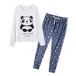 MyFav Women's Sleepwear Long Sleeve Top and Pants Pyjama Set Panda Print Nighty,Blue,M