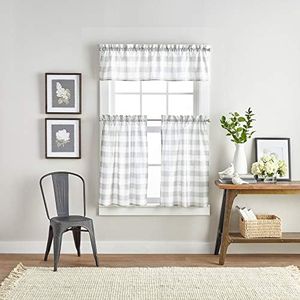 Curtainworks Country Modern Rustic Farmhouse Buffalo Check Kitchen Curtains Window Cafe, 36" Tier & Valance Set - 3 Pc, Grey