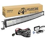 RIGIDON Car Led Light Bar With 12V Strobe Remote Control Wiring Harness Cable Kit, Curved 32 inch 405W, 7D Tri Row Driving Work Lamp for Car Off road Truck SUV 4x4, Flood Spot Combo Beam, 6000K