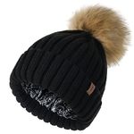 FURTALK Beanie Hats Women Satin Lined Knitted Hat Detachable Pompom Soft Feel Winter Hat Breathable for Girls Black