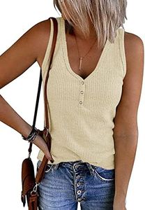 MEROKEETY Women's V Neck Tank Tops Summer Sleeveless Ribbed Button Casual Henley Shirts, Apricot, L
