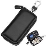 Wesoke Leather Car Key Case Holder Black Keychain Case Bag, Universal Car Key Fob Bags for Men Women, Auto Key Chain Protector Cover Key Ring Zipper Bag with 6 Hooks and Metal Hook