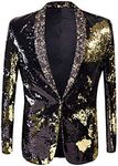 PYJTRL Men Stylish Two Color Conversion Shiny Sequins Blazer Suit Jacket (Black + Gold, M)