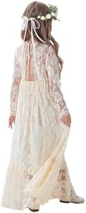 ALLOVIN Long Sleeve Boho Lace Flower Girl Dress, A-Line Ruffle Wedding Baptism Party Dress for Girls 3-12 Years | Champagne | 6-7Y