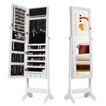 RELAX4LIFE Jewellery Cabinet, 2 in 1 Lockable Jewelry Armoire with Full-Length Mirror, 4 Angles Adjustable Makeup Cosmetic Storage Organizer Unit for Bedroom Dressing Room (White)