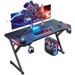 DLONGONE 140x60cm Gaming Desk with LED Lights, Computer Gaming Desk with Carbon Fibre Surface,Sturdy PC Desk for Home Office with Headphone Hook and Cup Holder, Black