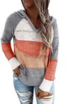 BLENCOT Women's Fall Hoodies Color Block Pullover Sweaters Warm Casual Loose Knitted Hooded Sweatshirts Tops Clothing Gray S