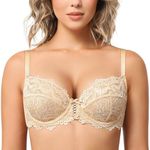 Deyllo Women’s Sheer Lace Bra Underwire Unlined Bra Full Coverage Non Padded (Dark Nude,40DD)