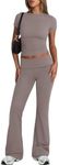 Trendy Queen Lounge Sets For Women 2 Piece Casual Y2K Outfits Short Sleeve Cropped Tops Fold Over Flare Pants Tracksuits, Coffeegrey, Small