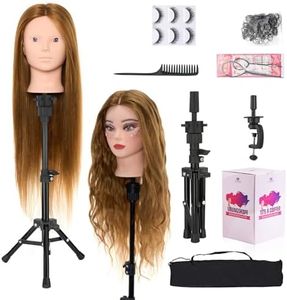 Mannequin Head 60% Human Hair with Tripod Stand,28 Inch Make up Cosmetology Manikin Practice Doll Head with Hair,Braiding Hairdressing Head for Hair Styling with Table Clamp + DIY Hair Styling Set