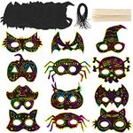 LOKIPA 24PCS Halloween Scratch Paper Art Masks - Halloween Skeleton Cat Pumpkin Bat Spider Decorations Craft for Kids and Adults