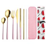 QLFJ-FurDec 9 Pcs Portable Travel Utensils Set, Stainless Steel Reusable Flatware Set, Cutlery Set with Knife Fork Spoon Chopsticks Cleaning Brush Straws Case Set for Camping, Picnic, Office, School(Pink-Gold)