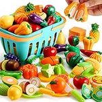 JOYIN 68Pcs Cutting Play Food Toy for Toddlers Kitchen, Fake Food for Kids Play Kitchen, Includes Plastic Fruit &Vegetables, Storage Basket, Mini Dishes and Knife, Pretend Play Toys, Toddler Gifts