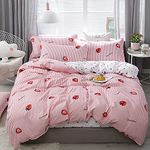 Strawberry Duvet Cover Set Double Girls Cute Strawberry Heart Love Fruit Bedding Set For Kids Baby Girls Bedroom Decor Lovely Pink Stripe Comforter Cover Soft Reversible Kawaii Style Bedspread Cover