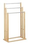 Towel Holder Freestanding with 3 Towel Rail, Towel Stand for Bathroom, Wood, Stainless Steel, HWD: 84 x 46 x 24 cm, Natural Free Standing