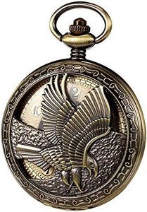 TREEWETO Mechanical Eagle Arabic Numerals Dial Skeleton Bronze Pocket Watch Watches with Gift Box and Chains for Mens Women