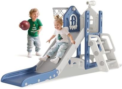 BIERUM 6 in 1 Toddler Slide - L-Shaped Baby Slide for Toddlers Aged 1-3 with Basketball Hoop, Telescope Toy and Anti-Slip Pads, Indoor Outdoor Toddler Playset, Blue Gray