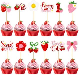 48 Pcs Sweet One Strawberry Cupcake Toppers First Birthday Cake Decorations Berry Themed Baby Shower Dessert Picks for Cupcakes Cakes Fruit Party Supplies