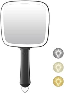 Hand Mirror with 3 Light Color & Dimmable, 6.2'' X 5.9'' Lighted Handheld Mirror, Lightweight & Durable, Portable & Hangable for Makeup Application, Hair Styling, Shaving or Travel, Battery Operated