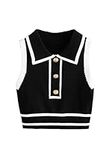 Verdusa Women's Button Front Striped Collar Sleeveless Sweater Vest Knit Top, Black, Medium