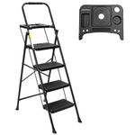 BOCOM 4 Step Ladder, Lightweight Portable Folding Sturdy Steel Step Stool with Tool Platform, Convenient Handgrip, Anti-Slip Wide Pedal, Heavy Duty 330 lbs Capacity, for Home, Kitchen, Adults, Black