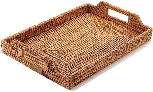 Mofish Rattan Hand-Woven Serving Tray Decorative Display Tray Storage Platters with Handle Table Desktop Organiser Tray for Coffer,Drink,Breakfast,Tea,Candle (34CM)