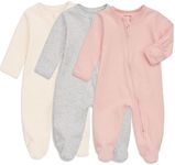 Aablexema Baby Footie Pajama with Mitten Cuffs, Double Zipper Infant Cotton clothes Sleeper Pjs, Footed Sleep Play(Ivory & Grey & Pink,0-3 Months)