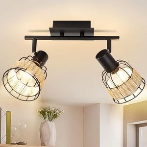 2 Way LED Spotlight, Ceiling Light with Swiveling Spots Heads, Hollow Design Track lights with Iron Rattan Lampshade, Spot Lights for Kitchen, Living Room, Bedroom,Black, E14 Base (Bulbs Not Included)