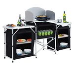 Warmiehomy Folding Camping Storage Cupboard Portable Camping Kitchen Unit with Aluminium Frame, 3 cupboards+1 panel, Black, 175×40×110cm