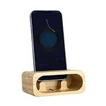 Navaris Bamboo Phone Stand - Bamboo Phone Stand for Desk - Enhanced Sound with Built-in Amplifier - Portable Bed Desktop Stand - Bamboo Mobile Phone Holder w Charger Cut-Out