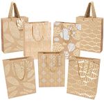 Belle Vous 15 Pack Brown Kraft Paper Gift Bags with Gold & Silver Metallic Designs, Gold Twisted Handles & Tags - L18 x W8.5 x H24cm/7 x 3 x 9 inches - for Birthdays, Parties, Wedding, Baby Shower