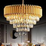 SHRI MAHAL ANTIQUES Gold Crystal Chandelier with LED, K9 Crystal Chandeliers for Home Decoration, Ceiling Light Fixture for Living Room Bedroom, Jhoomar for Home, Office, Hotels, Restaurants (600MM)