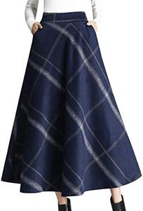 Tanming Women's Winter Warm Elastic Waist Wool Plaid A-Line Pleated Long Skirt (Navy Blue-XXL)
