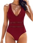 AI'MAGE Women One Piece Swimsuit Sexy V Neck Bathing Suits Tummy Control Swimsuits Mesh Hollow Out Swimwear S-XXL Red