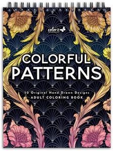 ColorIt Colorful Patterns Spiral Bound Adult Coloring Book, 50 Original Designs with Perforated Pages, Lay Flat Hardback Book Cover, Ink Blotter Paper | for Arts and Crafts, Coloring Books for Adults