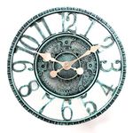 Lilyshome 12-Inch Poly-resin Pewter Indoor or Outdoor Wall Clock with Cog and Wheel Design