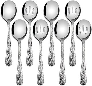 Hammered Serving Spoons, E-far 8-Piece Metal Serving Utensils Set - Solid Spoons x 4, Slotted Spoons x 4, Stainless Steel Hostess Serving Tablespoons Set for Catering Buffet Party Kitchen Restaurant