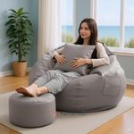 4XL Bean Bag Chair with Footrest & Cushion | Pre-Filled Beans | PVC Leatherette Lounger Sofa | Indoor & Outdoor Bean Bag with Pocket & Handle | Double Stitching | 6 Months Warranty Color- (Grey)
