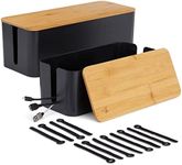 ionX Box for Cable Management, 1 Large and 1 Medium ABS Cord Organizer Box with Bamboo Lid, Black