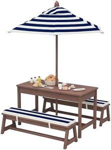 Qaba Kids Picnic Table, Outdoor Wooden Table & Bench Set with Cushions and Umbrella, Children Backyard Furniture for Patio, Garden, Navy Blue