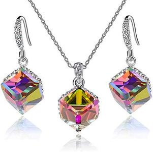 EVEVIC Colorful Cubic Austrian Crystal Pendant Necklace Earrings for Women 14K Gold Plated Hypoallergenic Jewelry Set, Metal, Crystal