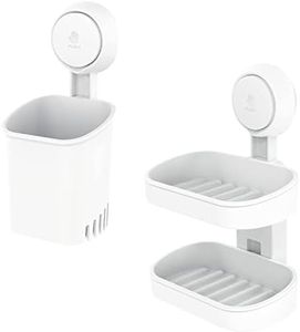 LEVERLOC Toothbrush Holder and Soap Holder Suction Cup Wall Mounted Drill-Free for Bathroom Shower Removable Waterproof Sturdy Self Draining, Tableware Holder for Kitchen