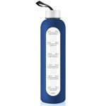 1 Liter Glass Water Bottle with Stainless Steel Lid - 1000ml Sports Drinking Bottle with Time Marker, Reusable Shatterproof Silicone Case Bottle for Fitness Gym Outdoor Travel Workout (Dark Blue)